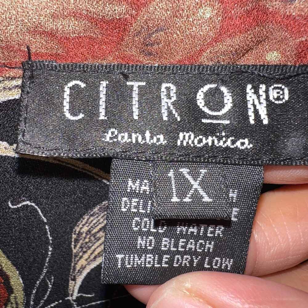 Citron 100% Silk Black Floral Button Down Blouse Sz 1X - Picture 9 of 15